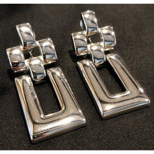 Vintage Monet Silver Tone Rectangular Clip On Earrings Door Knockers Signed